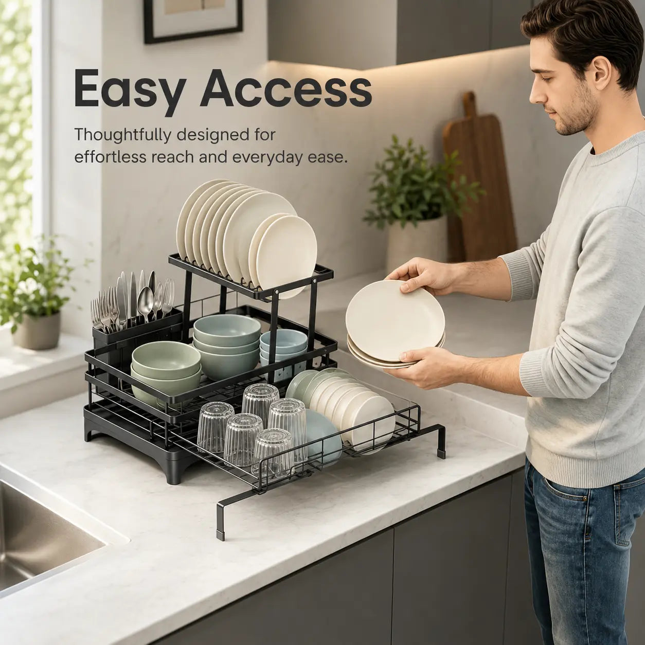 [Dealsforyoudays] Foldable over Sink Dish Drying Rack Pull-Out 2-Tier Dish Drainer with Utensil Holder Space Saving Kitchen Organizer for Small Kitchens