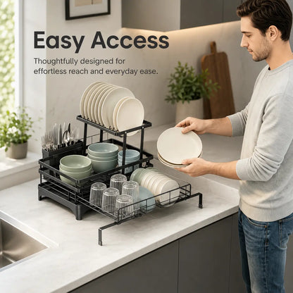 [Dealsforyoudays] Foldable over Sink Dish Drying Rack Pull-Out 2-Tier Dish Drainer with Utensil Holder Space Saving Kitchen Organizer for Small Kitchens