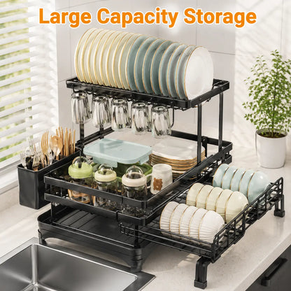 [Dealsforyoudays] Foldable over Sink Dish Drying Rack Pull-Out 2-Tier Dish Drainer with Utensil Holder Space Saving Kitchen Organizer for Small Kitchens