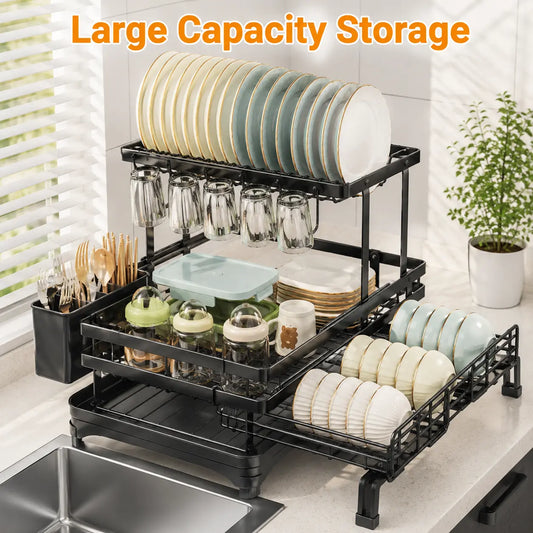 [Dealsforyoudays] Foldable over Sink Dish Drying Rack Pull-Out 2-Tier Dish Drainer with Utensil Holder Space Saving Kitchen Organizer for Small Kitchens